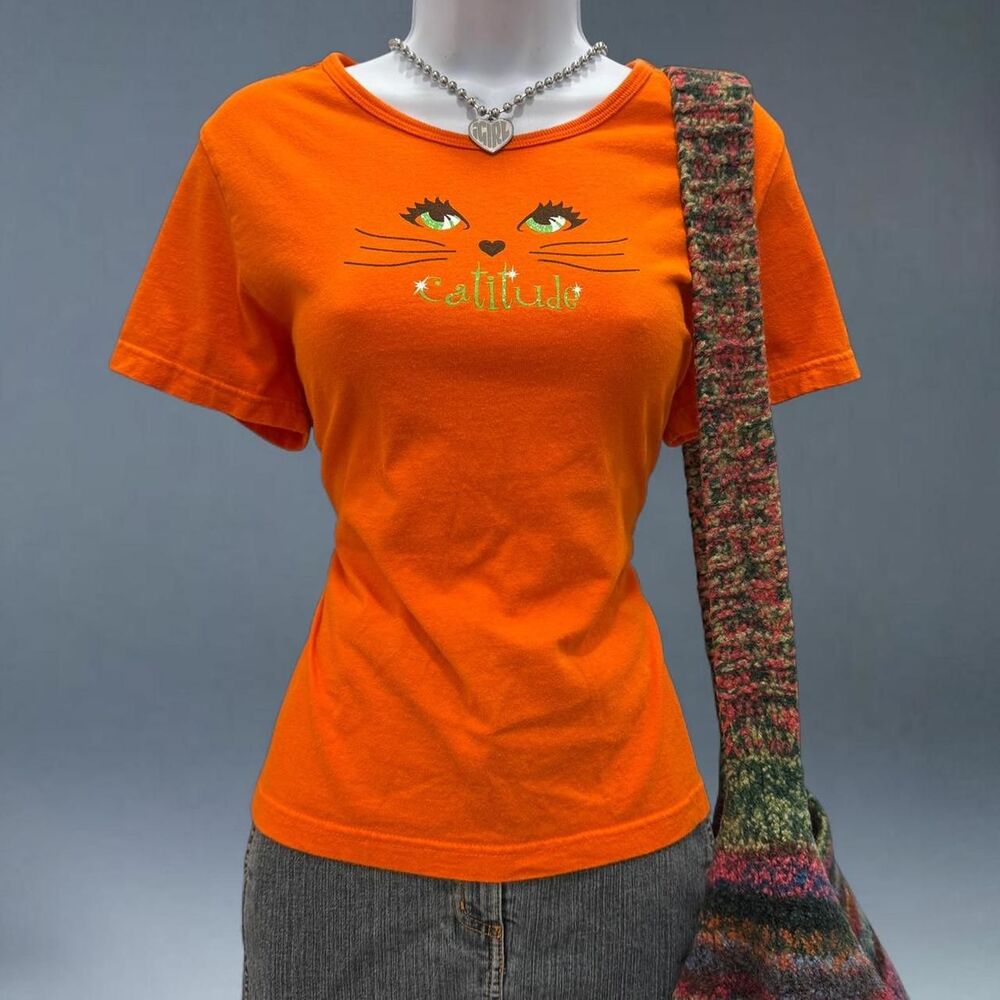 orange halloween catitude graphic baby tee cat eyes Y2K fits M
